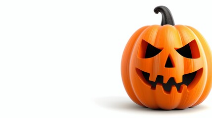 Obraz premium A pumpkin with a scary face on it. The pumpkin is orange and has a black nose. It is placed on a white background