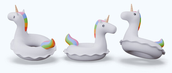 Inflatable unicorn ring in different positions. Cute accessory for children water games © ArtHub007