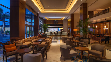 Fototapeta premium A hotel lobby with a lot of seating and a bar