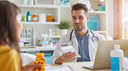 Obraz premium A doctor is talking to a woman in a medical office
