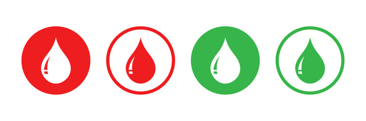 Water or blood drop vector icon set in red and green color. Vector illustration. Water drops icon set. Water droplets icon collection in the circle. Raindrops sign in flat style.