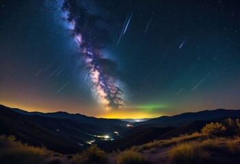 Fototapeta premium starry meteor shower illuminating tranquil valley below, night, sky, shooting, stars, celestial, event, astrophotography, cosmic, display, nighttime, scenery, setting