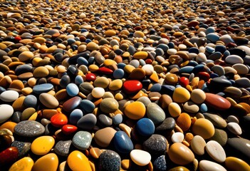 Obraz premium warm sunlight illuminating pebbles beach shoreline, bright, glowing, shining, glistening, glare, beaming, sparkling, glinting, shimmering, sunlit, coastline, rocky