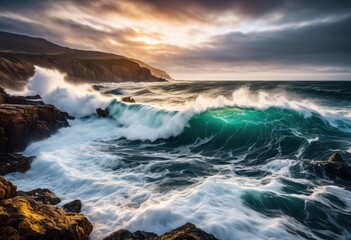 Obraz premium powerful waves crashing dramatic rugged coastal seascape motion, ocean, water, shoreline, nature, rocks, splashing, erosion, dynamic, foam, force, movement, scenic