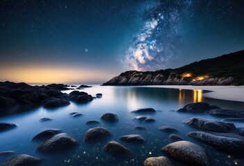 tranquil coastal waters under starry night sky reflecting calm ocean scene, stars, peaceful, serene, twilight, dusk, horizon, moon, reflection, beauty, nature