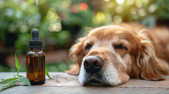 CBD oil for dogs used to treat pets. CBD oil concept, pet health, natural remedies, animal health