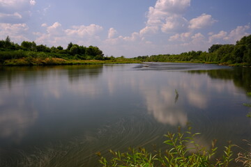 Calm river landside nature horizon reflection