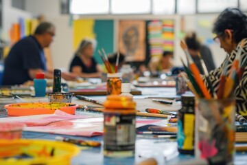 Adults engaging in a creative workshop at a local community center, surrounded by colorful art materials