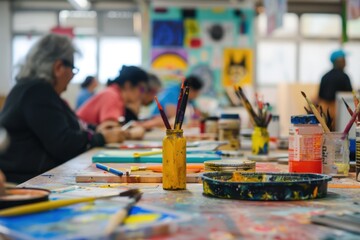 Adults participate in a creative workshop at a community center, surrounded by colorful art supplies