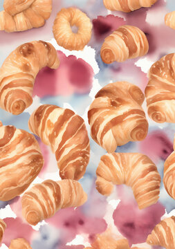 watercolor illustration of croissants on colored background, pattern, postcard design, drawing