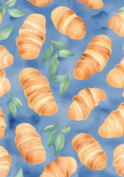 watercolor illustration of croissants on colored background, pattern, postcard design, drawing