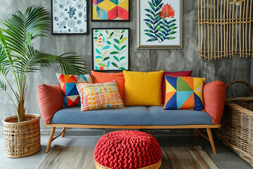 A colorful and vibrant living room with a variety of geometric-patterned cushions and artwork, showcasing a playful and lively design.