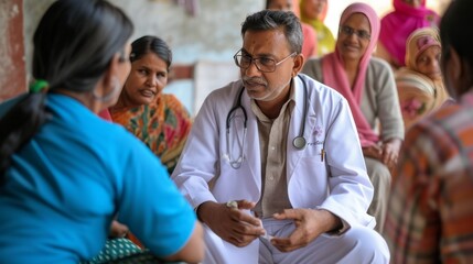 Doctor speaking with patients in rural village setting. Male doctor with a stethoscope talks with women in an indian village, discussing healthcare.