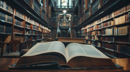 Fototapeta premium Book in library with open textbook