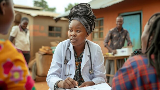 Doctor talking with patient in front of rural clinic in africa, symbolizing hope and care in healthcare