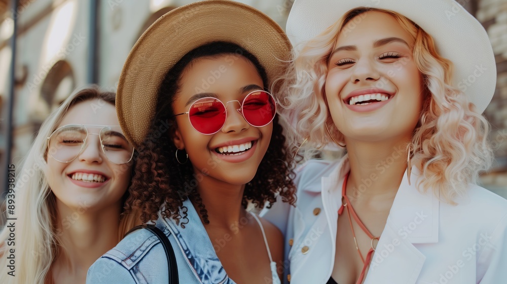 Wall mural happy young women friends well-dressed smiling