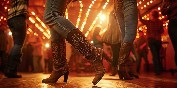 Booted cowgirls perform a country dance in a brightly lit Western-themed dance hall.