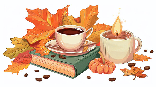 autumn coffee candle leaves pumpkin cozy scene clip art preview