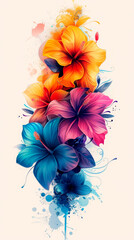 Obraz premium Bright watercolor composition featuring an array of tropical flowers in vivid hues of orange, pink, blue, and purple. The dynamic arrangement of petals is highlighted by abstract splashes of color, cr