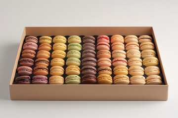 photo of a box filled with a meticulously arranged assortment of macarons in a rainbow of colors, each with glossy finishes and textured fillings, set against a minimalist background
