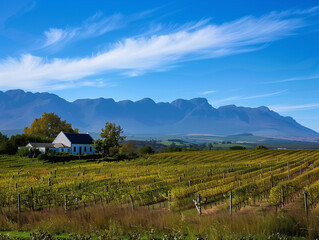 Quaint cottages amidst rolling vineyards under a clear blue sky, with distant mountains as a backdrop
