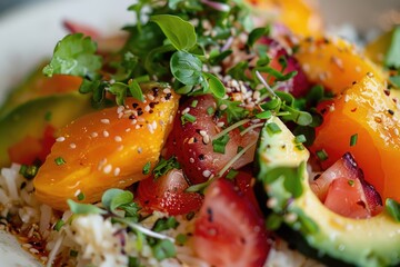 A colorful salad featuring fresh strawberries, creamy avocado slices, and crunchy sesame seeds