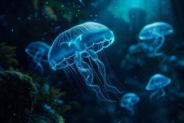 Bioluminescent jellyfish drifting in a dark, dreamlike underwater setting