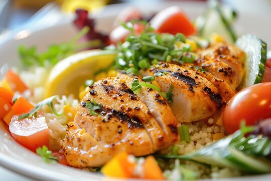 Close up of a delicious plate with juicy chicken, surrounded by colorful vegetables and garnished with herbs