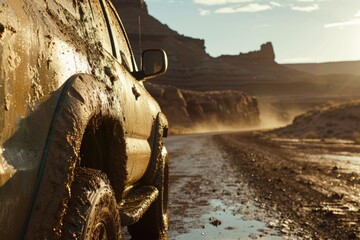 A rugged truck battles through a muddy road, leaving a trail of splattered mud in its wake as it navigates the challenging terrain with determination