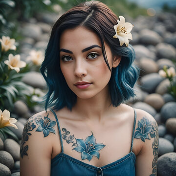 Retrato mujer tatuada con una flor en su pelo azul