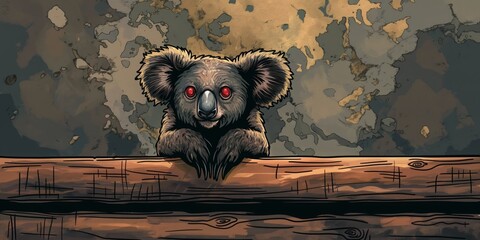 Cartoon style koala with red eyes leaning on a wooden log against a textured background