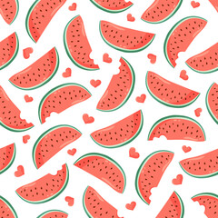 Juicy watermelon slices with small hearts seamless pattern. Summer fruit vector illustration. Tropical fruit background for Valentines day, baby fabric, kids textile, packaging, wrapping, scrapbook