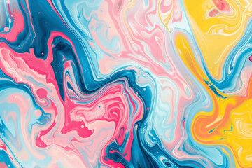 Abstract background with a colorful marble pattern, liquid shapes and swirls in pink, blue, yellow, red and white colors