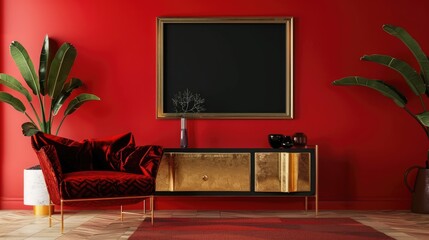 Golden cupboard and black poster in red-walled living room