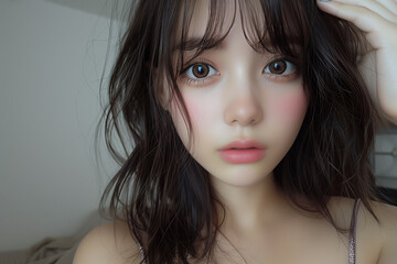 黒のキャミソールを着た綺麗な女性が自撮りしている