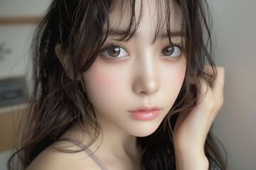 Fototapeta premium 黒のキャミソールを着た綺麗な女性が自撮りしている おしゃれ