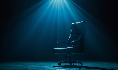 Photo of a leather office chair illuminated in the style of spotlight on an empty dark background