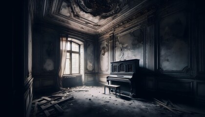 Old piano inside an abandoned palace