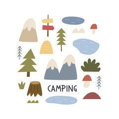 Cartoon camping thematic elements, hand drawing lettering. Colorful vector illustration, flat style. design for cards, print, poster, cover
