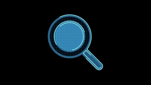 Seach and find icon motion animation, continuous seamless loop from 1 to 7 second mark, futuristic cyber technology look, neon laser lines on black background.