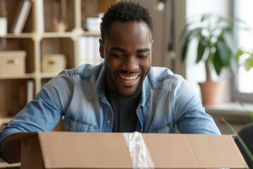 A male consumer smiling while opening a package at home, representing gender roles, gender-fluid fashion