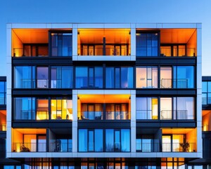 Symmetrical architecture of a modern building, closeup on the repeating patterns of windows