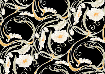 Decorative flowers and leaves in art nouveau style, vintage, old, retro style. Seamless pattern, background. Vector illustration. In art nouveau style, vintage, old, retro style.