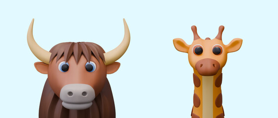 3D yak, giraffe in plasticine style, front view. Wild herbivores. Funny characters