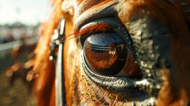 close-up of a horse's eye reflecting the race track and the setting sun. - Powered by Adobe