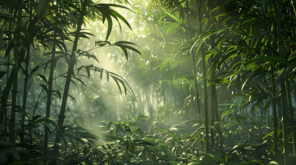 Lush bamboo forest with vibrant green foliage captured in raw style, aspect ratio 16:9.