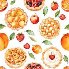 WATERCOLOR clipart seamless, Apricot Jam, pies and pastries, fruits, the style of pastel colour , birthday event, desserts party.
