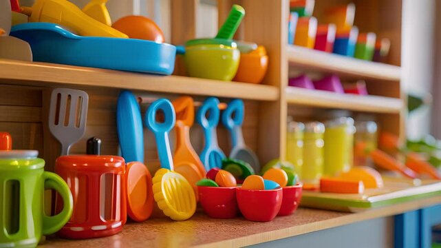 A pretend kitchen area with play food and utensils for children to practice cooking and learn about healthy eating habits.