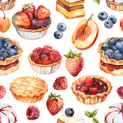 WATERCOLOR clipart seamless, Apricot Jam, pies and pastries, fruits, the style of pastel colour , birthday event, desserts party.
