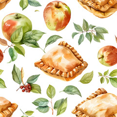 WATERCOLOR clipart seamless, Apple Turnovers, pies and pastries, fruits, the style of pastel colour , birthday event, desserts party.